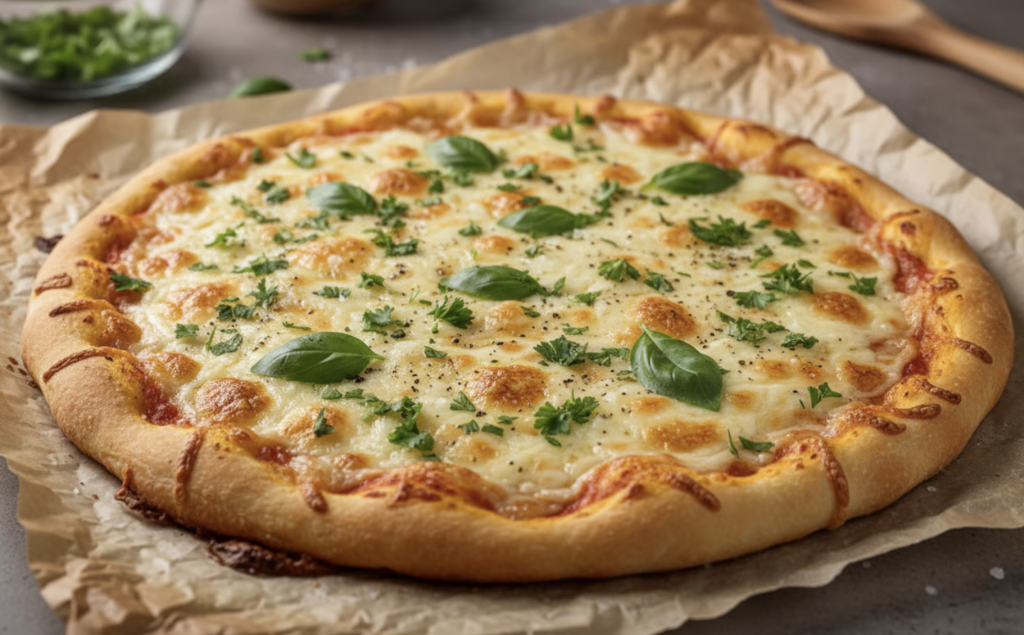 Selbstgemachte Quark-Protein-Pizza auf Backpapier, goldbraun gebacken